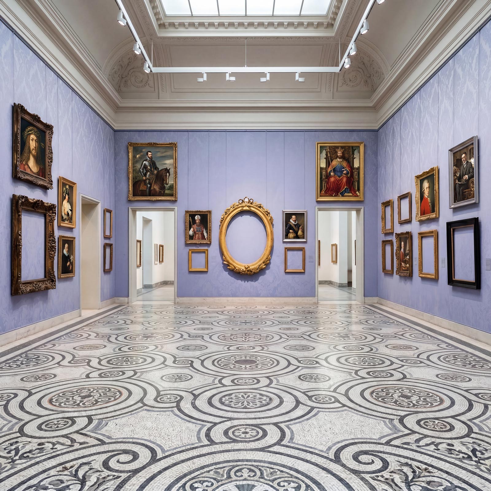 Ansicht einer großen Gemäldegalerie, in der nur Männer repräsentiert sind und die fehlenden Frauenportraits mit leeren Bilderrahmen symbolisiert sind (KI-generiert)
